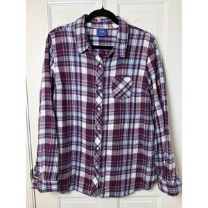 Le Tigre Women’s Button Up Plaid Purple Blue White Soft Flannel Size Large